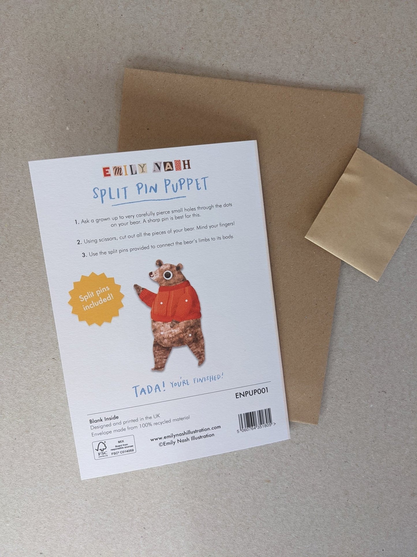 Pin Puppet Greetings Card - Bear - The Stationery Cupboard