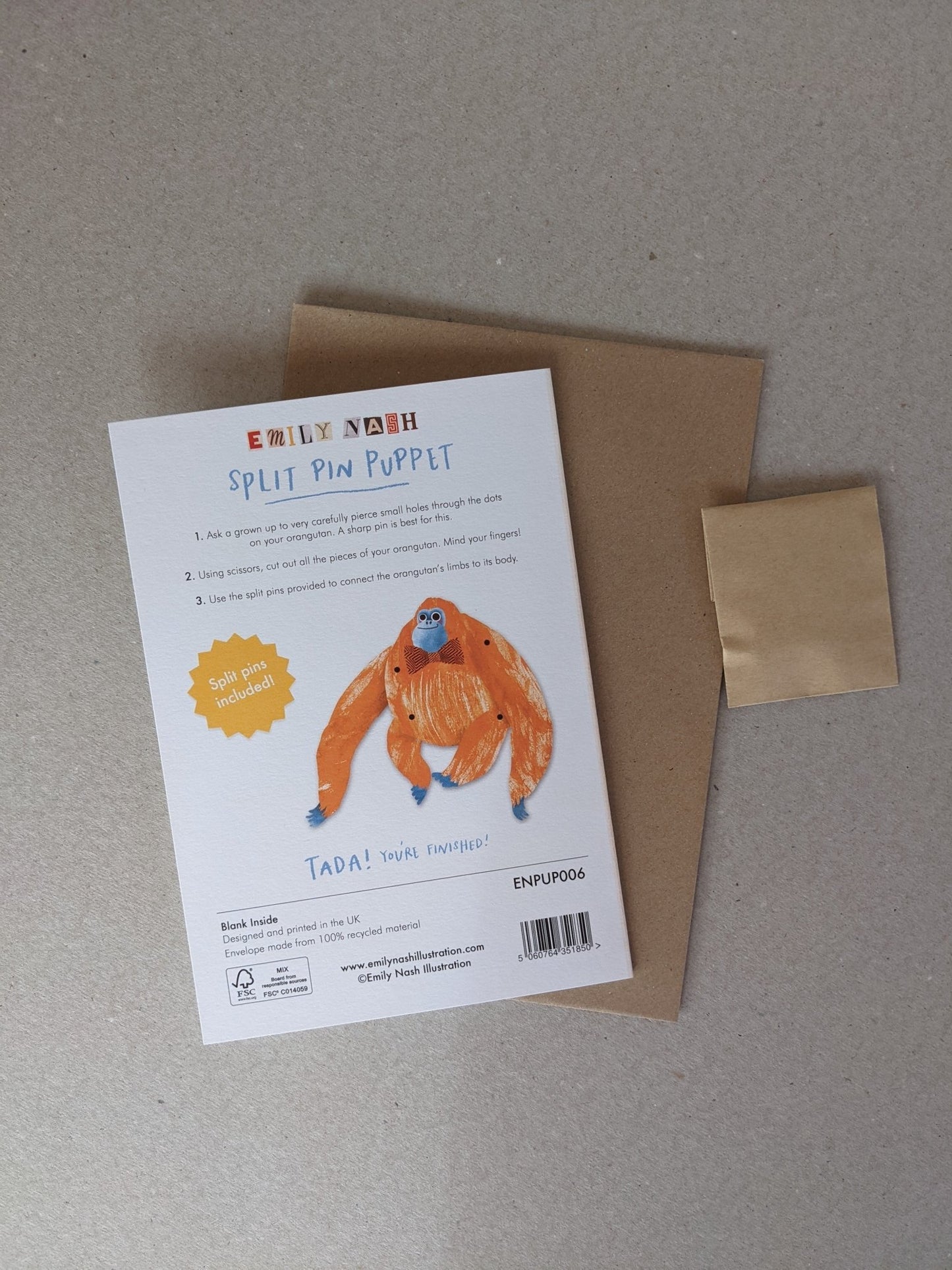 Pin Puppet Greetings Card - Orangutan - The Stationery Cupboard